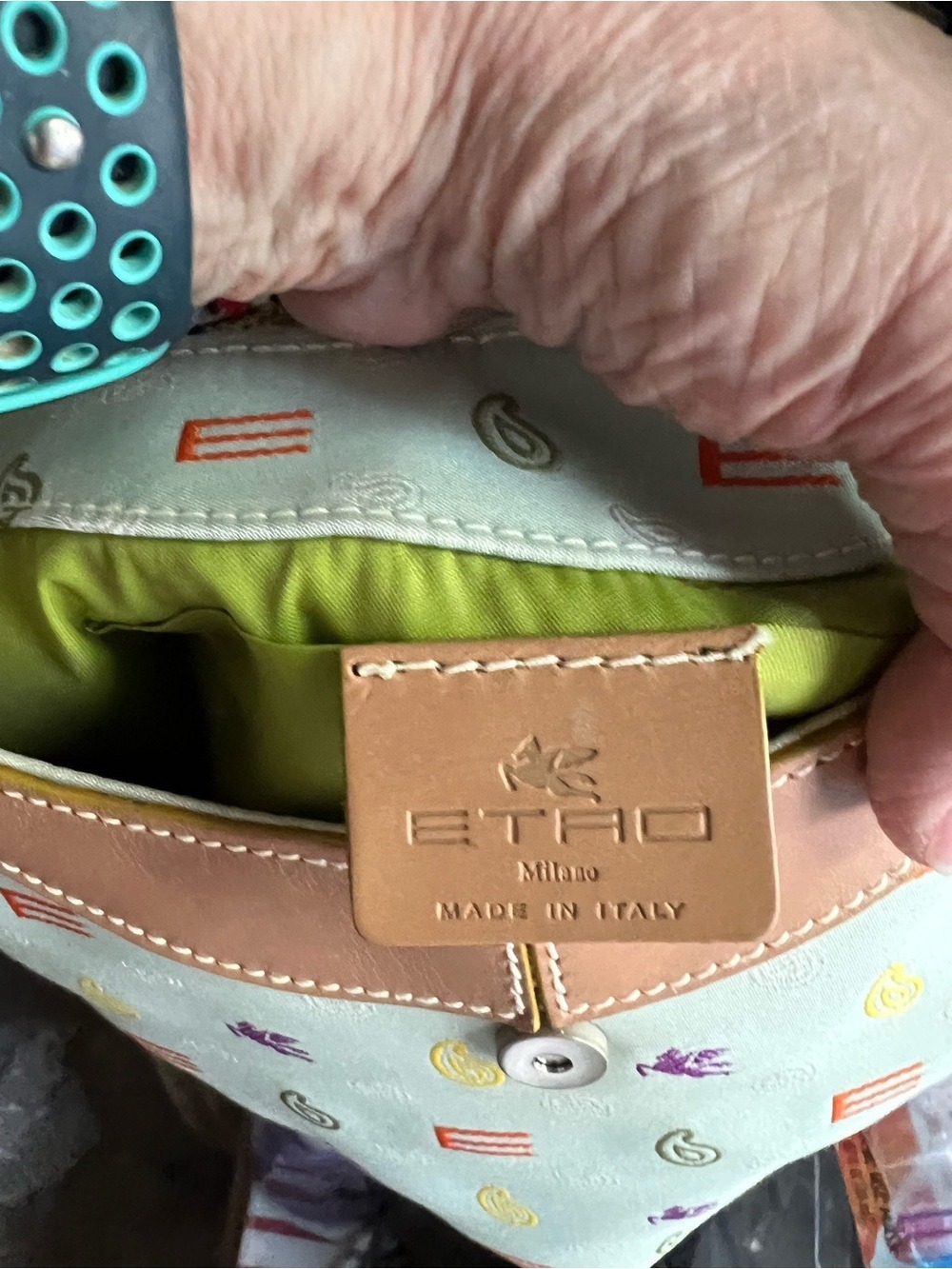 ETRO Light Green Canvas Shoulder Bag with Tan Leather Trim SERIAL NUMBER PHOTO - Picture 6 of 13
